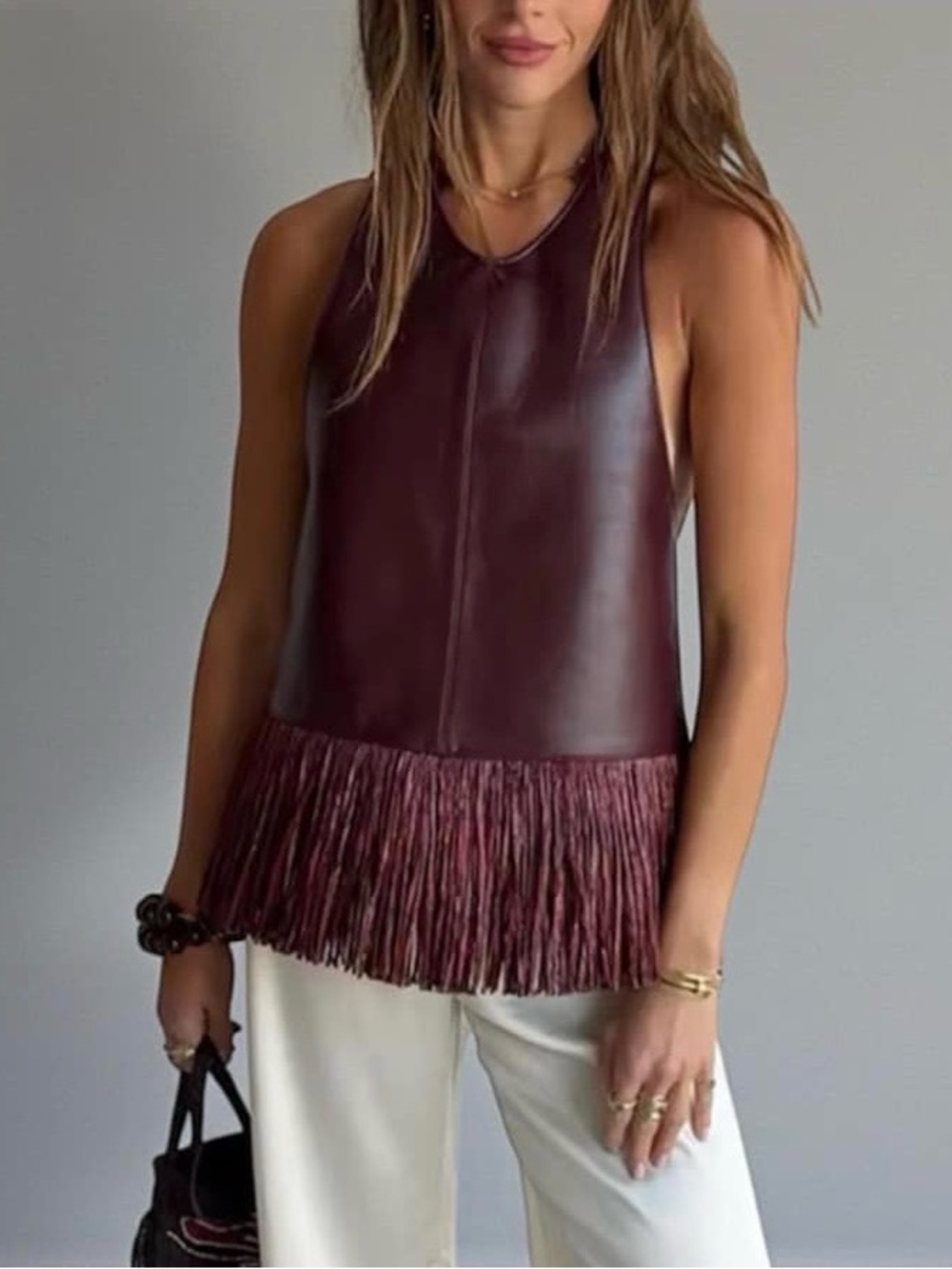 Source Unknown Burgundy Faux Leather Fringe Hem Sleeveless Top